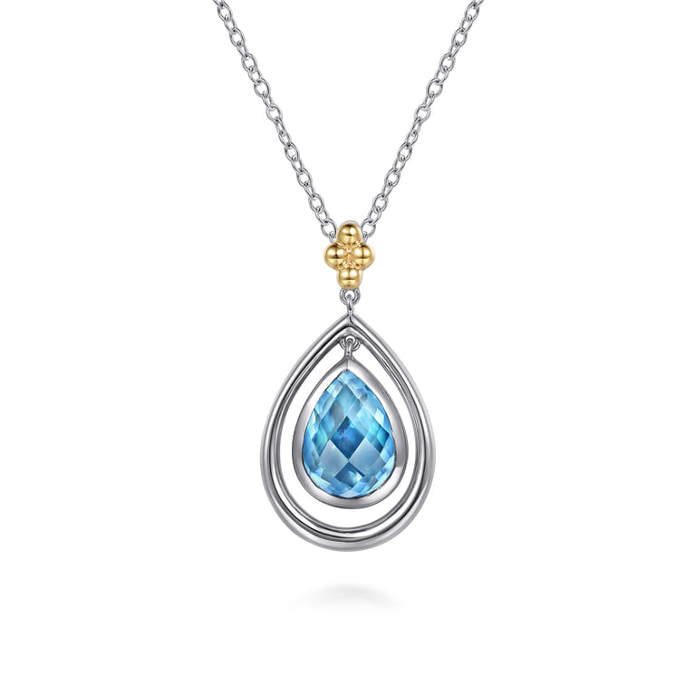 14K Yellow Gold and 925 Sterling Silver Bujukan Pear Blue Topaz Pendant Necklace - Shot 1