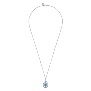 14K Yellow Gold and 925 Sterling Silver Bujukan Pear Blue Topaz Pendant Necklace