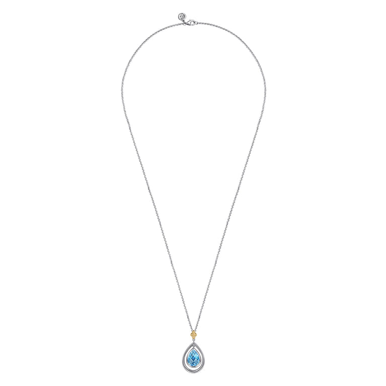 14K Yellow Gold and 925 Sterling Silver Bujukan Pear Blue Topaz Pendant Necklace - Shot 2