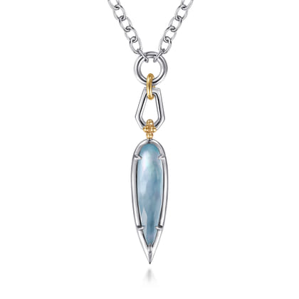 14K Yellow Gold and 925 Sterling Silver Bujukan Rock Crystal White Mother Pearl Turquoise Pendant Necklace