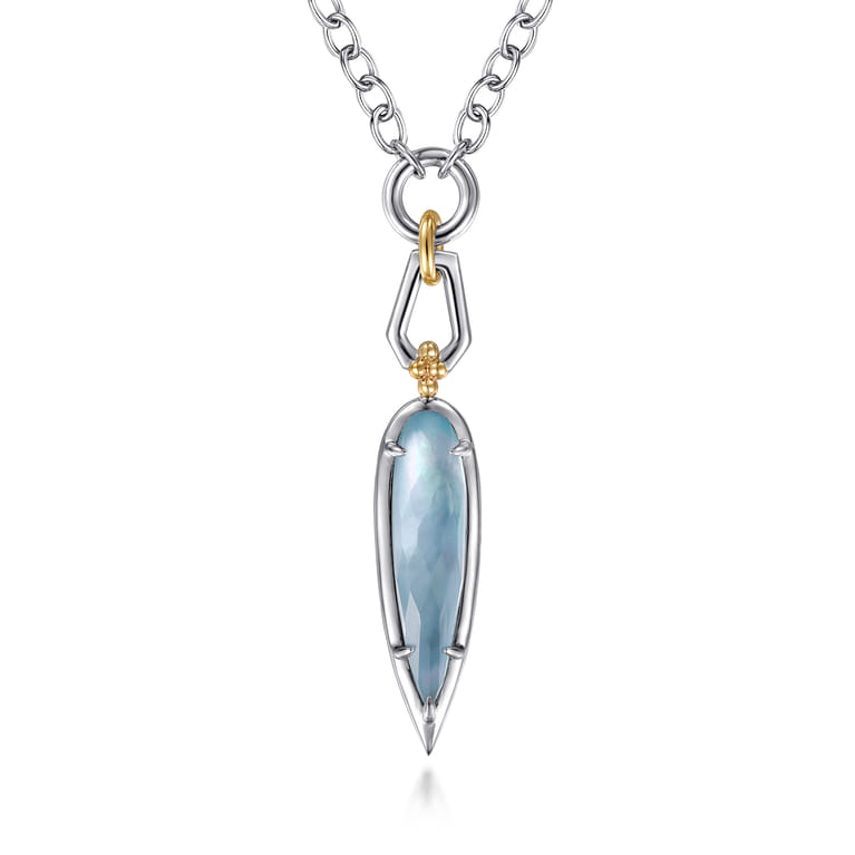 14K Yellow Gold and 925 Sterling Silver Bujukan Rock Crystal White Mother Pearl Turquoise Pendant Necklace - Shot 1