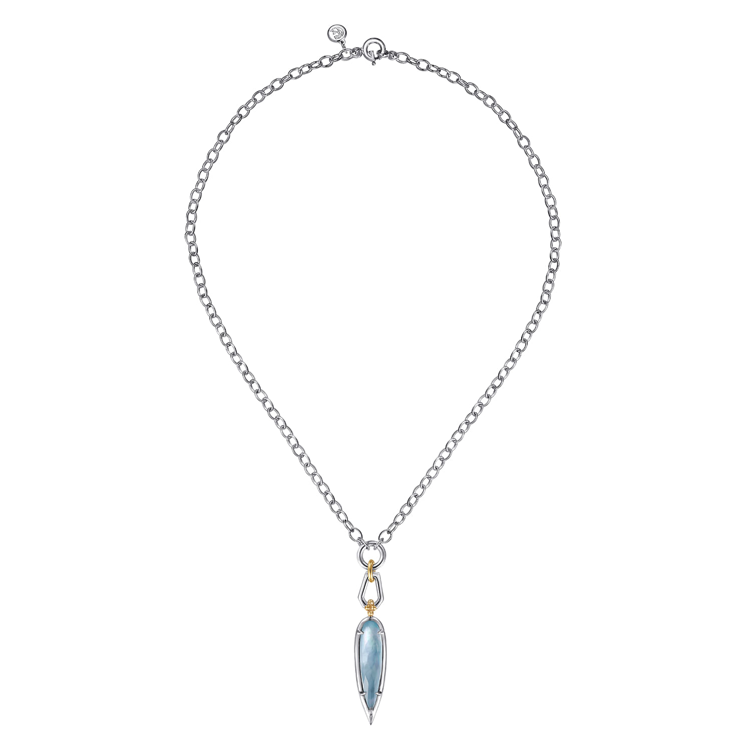14K Yellow Gold and 925 Sterling Silver Bujukan Rock Crystal White Mother Pearl Turquoise Pendant Necklace