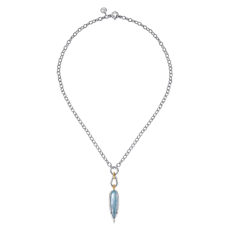 14K Yellow Gold and 925 Sterling Silver Bujukan Rock Crystal White Mother Pearl Turquoise Pendant Necklace - Shot 2