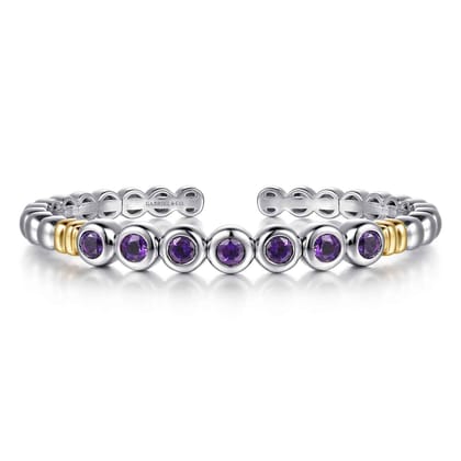 14K Yellow Gold and 925 Sterling Silver Bujukan Round Amethyst Bangle