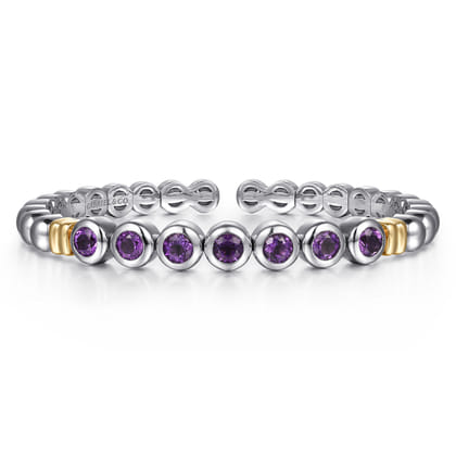14K Yellow Gold and 925 Sterling Silver Bujukan Round Amethyst Bangle