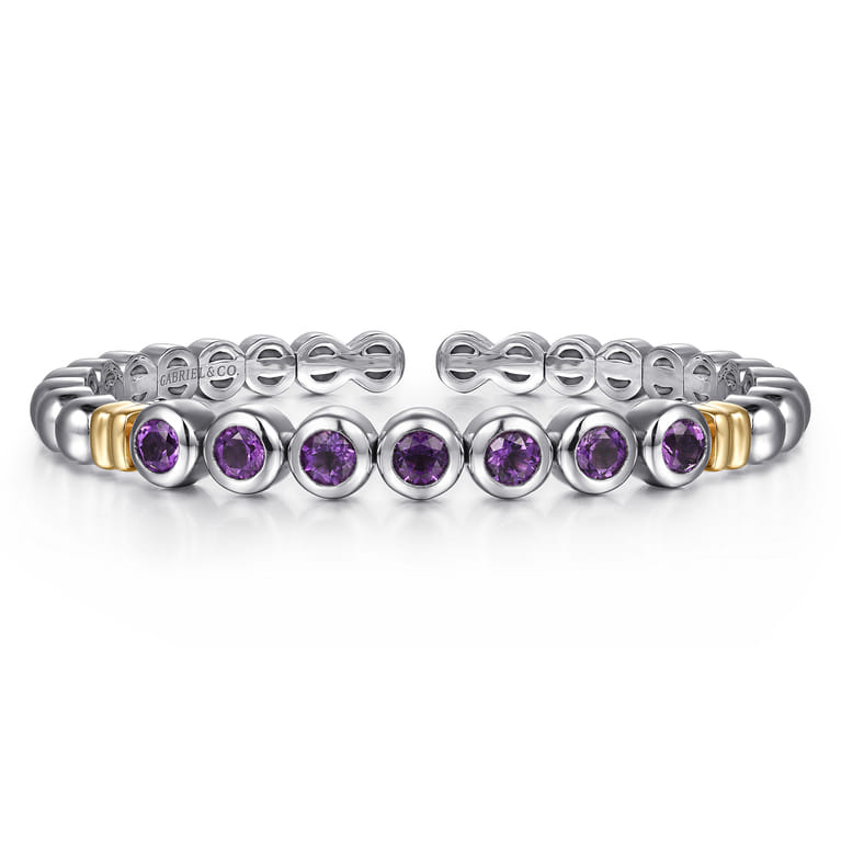 14K Yellow Gold and 925 Sterling Silver Bujukan Round Amethyst Bangle - Shot 1