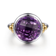 14K Yellow Gold and 925 Sterling Silver Bujukan Round Amethyst Cocktail Ring