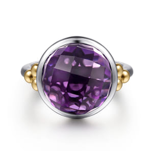 14K Yellow Gold and 925 Sterling Silver Bujukan Round Amethyst Cocktail Ring