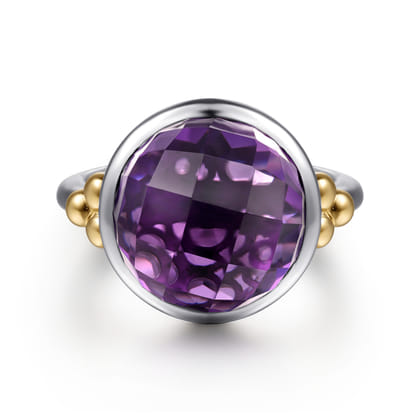 14K Yellow Gold and 925 Sterling Silver Bujukan Round Amethyst Cocktail Ring