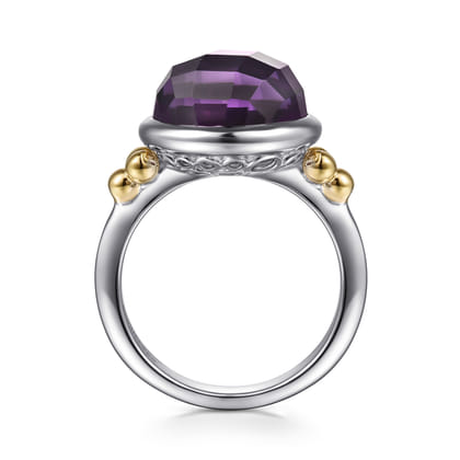 14K Yellow Gold and 925 Sterling Silver Bujukan Round Amethyst Cocktail Ring