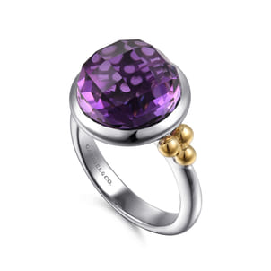 14K Yellow Gold and 925 Sterling Silver Bujukan Round Amethyst Cocktail Ring