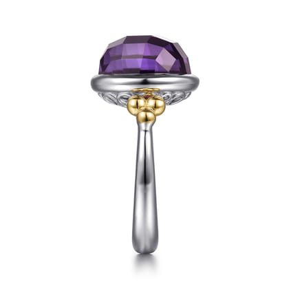 14K Yellow Gold and 925 Sterling Silver Bujukan Round Amethyst Cocktail Ring