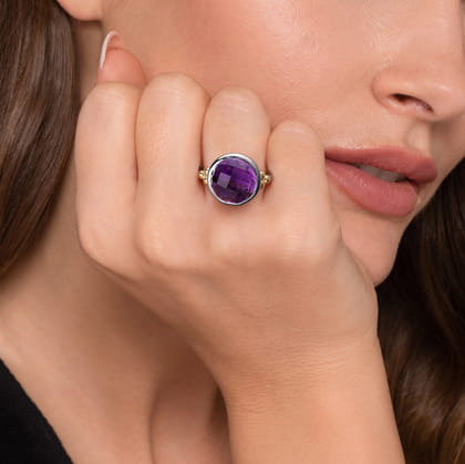 14K Yellow Gold and 925 Sterling Silver Bujukan Round Amethyst Cocktail Ring