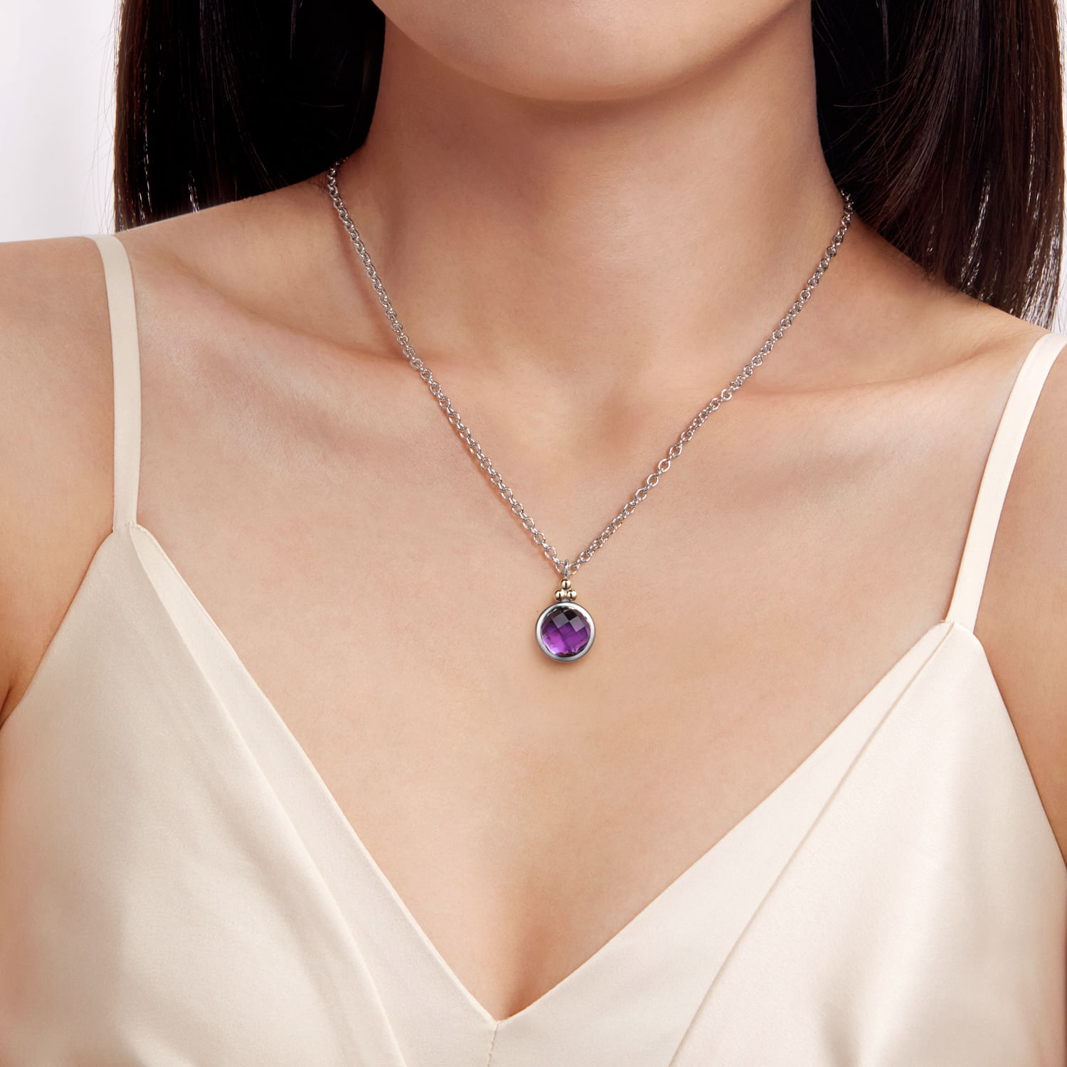 14K Yellow Gold and 925 Sterling Silver Bujukan Round Amethyst Pendant Necklace