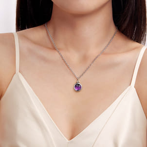 14K Yellow Gold and 925 Sterling Silver Bujukan Round Amethyst Pendant Necklace