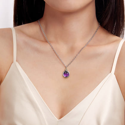 14K Yellow Gold and 925 Sterling Silver Bujukan Round Amethyst Pendant Necklace