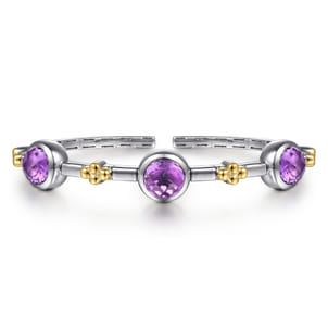 14K Yellow Gold and 925 Sterling Silver Bujukan Round Amethyst Station Bangle