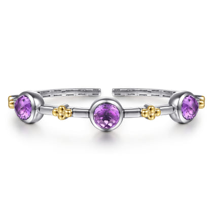 14K Yellow Gold and 925 Sterling Silver Bujukan Round Amethyst Station Bangle