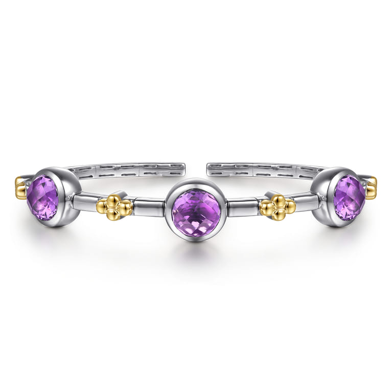 14K Yellow Gold and 925 Sterling Silver Bujukan Round Amethyst Station Bangle - Shot 1