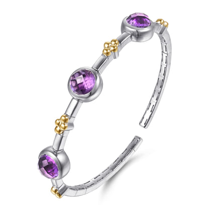 14K Yellow Gold and 925 Sterling Silver Bujukan Round Amethyst Station Bangle