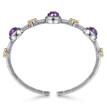 14K Yellow Gold and 925 Sterling Silver Bujukan Round Amethyst Station Bangle