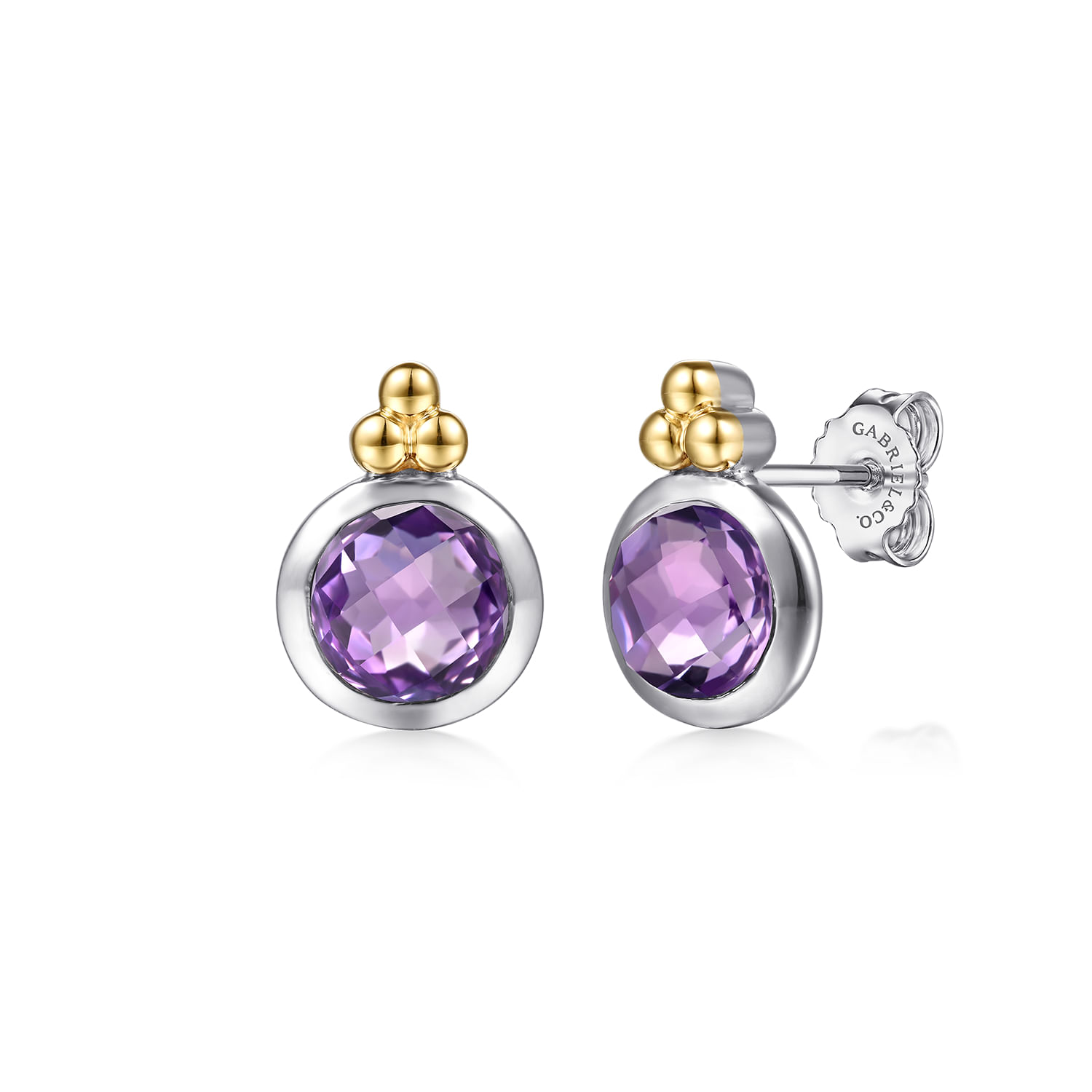 14K Yellow Gold and 925 Sterling Silver Bujukan Round Amethyst Stud Earrings