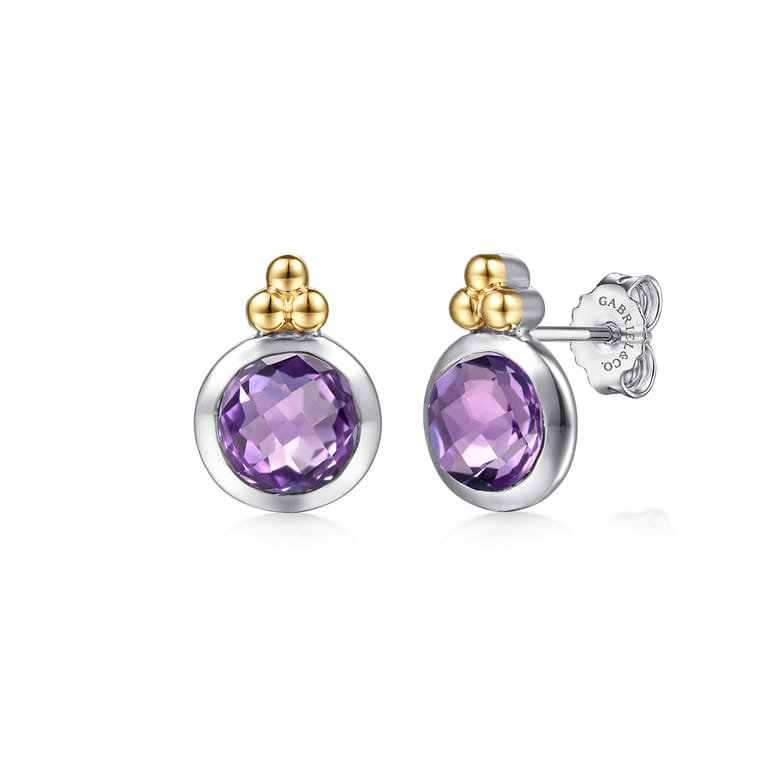 14K Yellow Gold and 925 Sterling Silver Bujukan Round Amethyst Stud Earrings - Shot 1