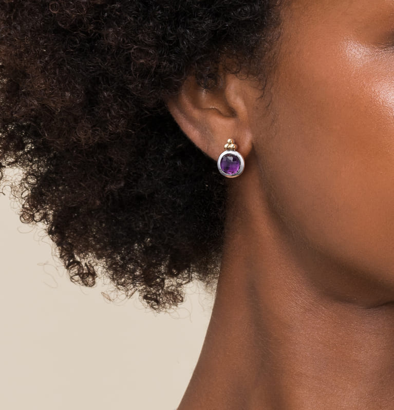 14K Yellow Gold and 925 Sterling Silver Bujukan Round Amethyst Stud Earrings - Shot 3