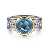 14K Yellow Gold and 925 Sterling Silver Bujukan Round Blue Topaz Cocktail Ring