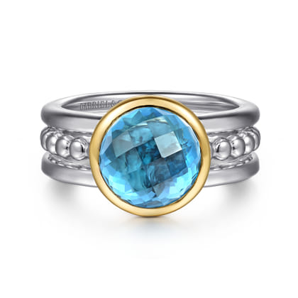 14K Yellow Gold and 925 Sterling Silver Bujukan Round Blue Topaz Cocktail Ring