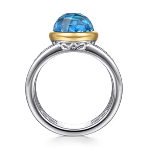 14K Yellow Gold and 925 Sterling Silver Bujukan Round Blue Topaz Cocktail Ring