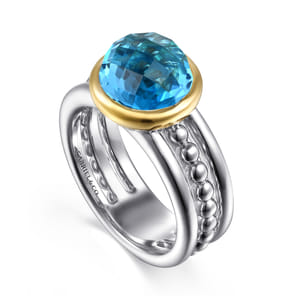 14K Yellow Gold and 925 Sterling Silver Bujukan Round Blue Topaz Cocktail Ring