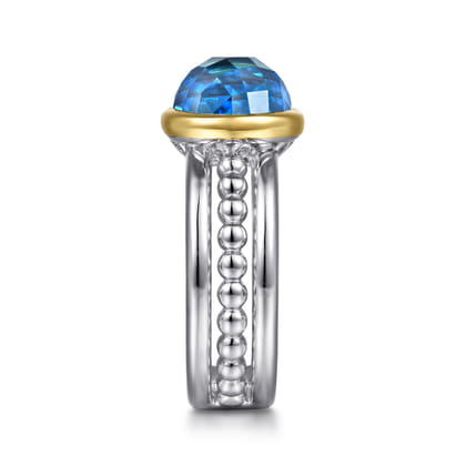 14K Yellow Gold and 925 Sterling Silver Bujukan Round Blue Topaz Cocktail Ring