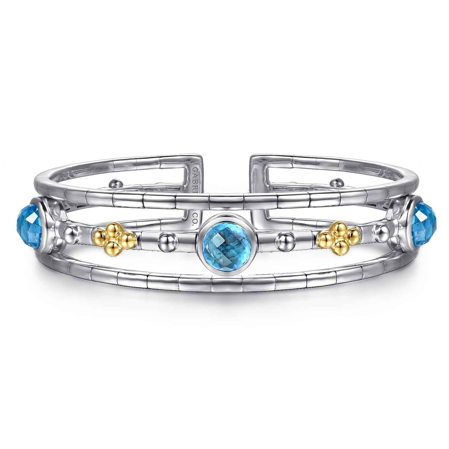 14K Yellow Gold and 925 Sterling Silver Bujukan Round Blue Topaz Cuff Bangle Bracelet - Shot 1