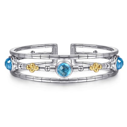14K Yellow Gold and 925 Sterling Silver Bujukan Round Blue Topaz Cuff Bangle Bracelet