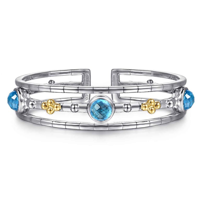 14K Yellow Gold and 925 Sterling Silver Bujukan Round Blue Topaz Cuff Bangle Bracelet - Shot 1
