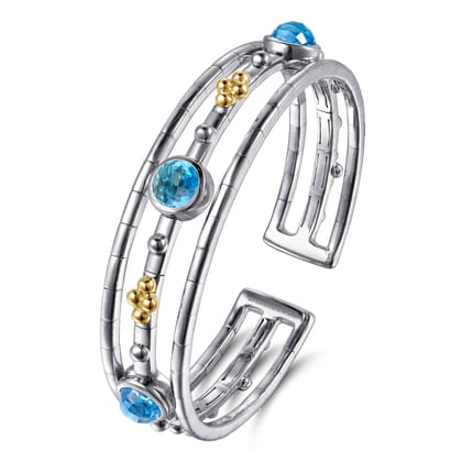 14K Yellow Gold and 925 Sterling Silver Bujukan Round Blue Topaz Cuff Bangle Bracelet