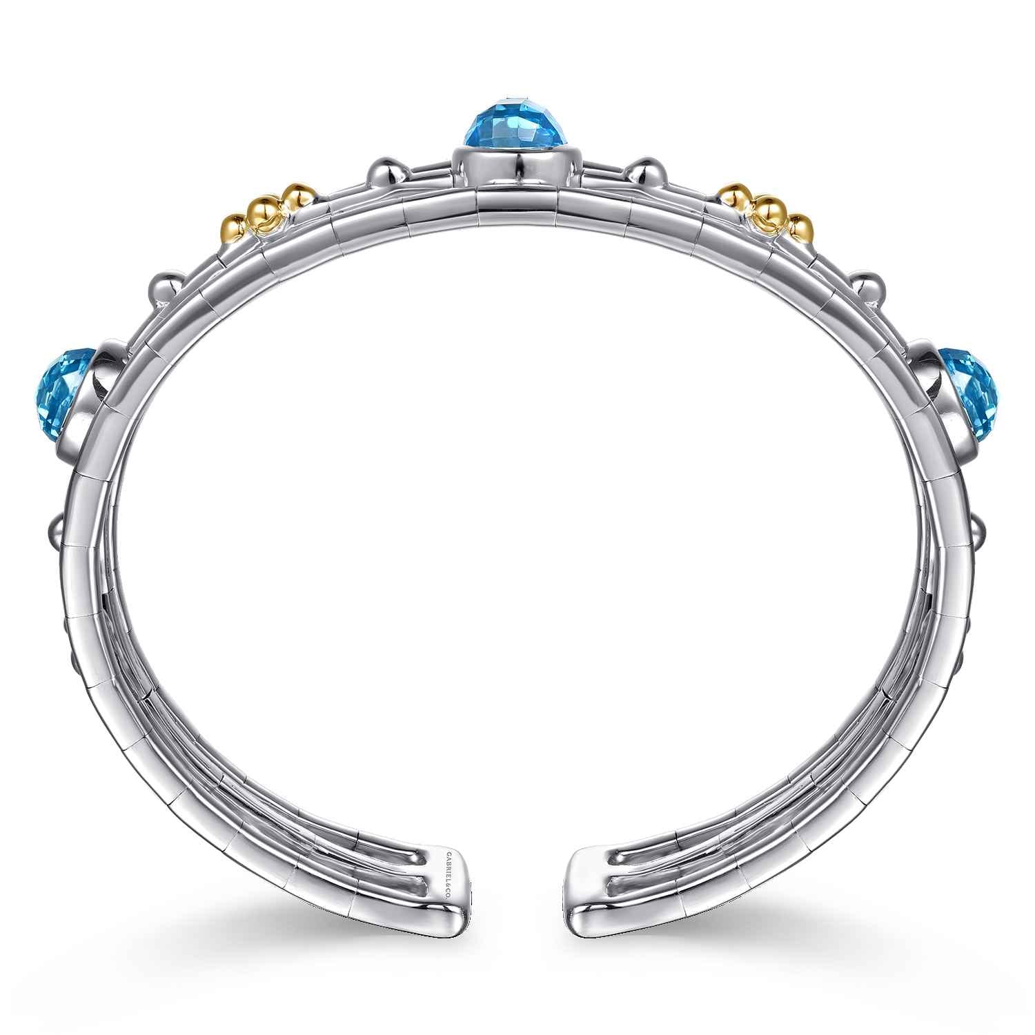 14K Yellow Gold and 925 Sterling Silver Bujukan Round Blue Topaz Cuff Bangle Bracelet - Shot 3