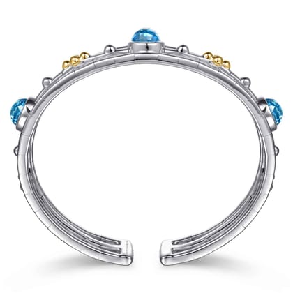 14K Yellow Gold and 925 Sterling Silver Bujukan Round Blue Topaz Cuff Bangle Bracelet