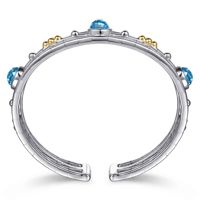 14K Yellow Gold and 925 Sterling Silver Bujukan Round Blue Topaz Cuff Bangle Bracelet - Shot 3