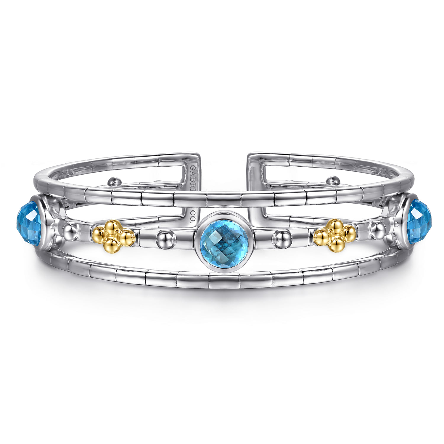 14K Yellow Gold and 925 Sterling Silver Bujukan Round Blue Topaz Cuff Bangle Bracelet - Shot 1
