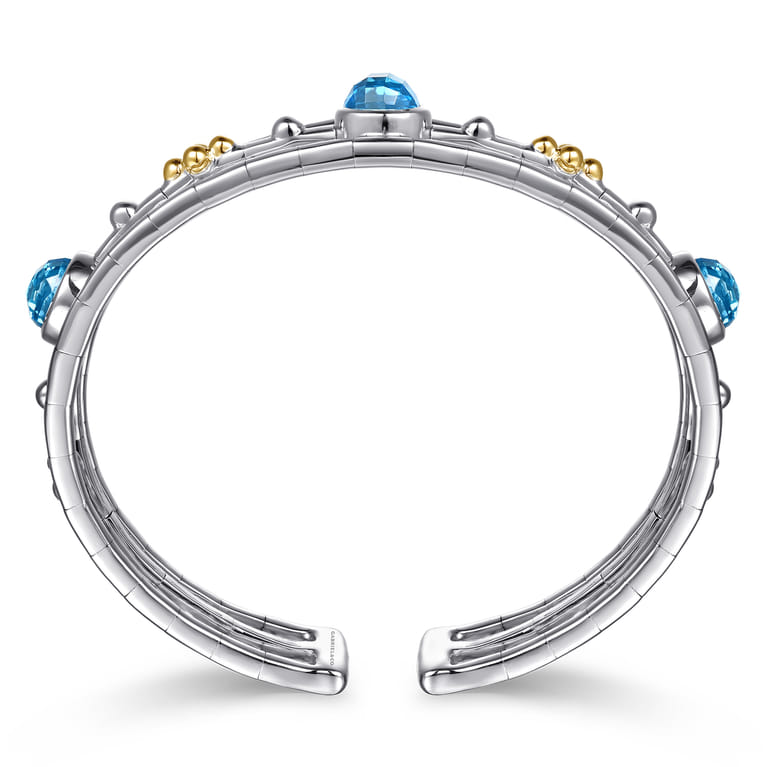 14K Yellow Gold and 925 Sterling Silver Bujukan Round Blue Topaz Cuff Bangle Bracelet - Shot 3