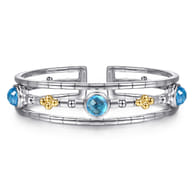 14K Yellow Gold and 925 Sterling Silver Bujukan Round Blue Topaz Cuff Bangle