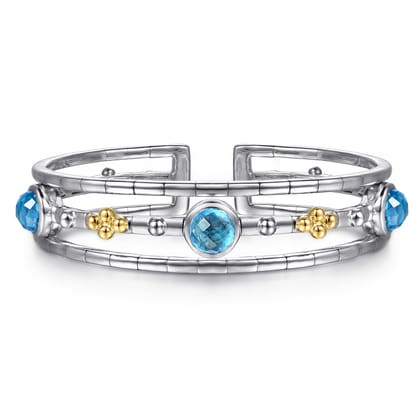 14K Yellow Gold and 925 Sterling Silver Bujukan Round Blue Topaz Cuff Bangle