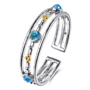 14K Yellow Gold and 925 Sterling Silver Bujukan Round Blue Topaz Cuff Bangle