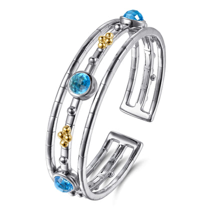14K Yellow Gold and 925 Sterling Silver Bujukan Round Blue Topaz Cuff Bangle