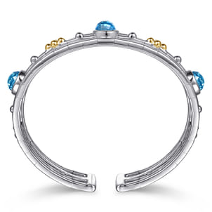 14K Yellow Gold and 925 Sterling Silver Bujukan Round Blue Topaz Cuff Bangle