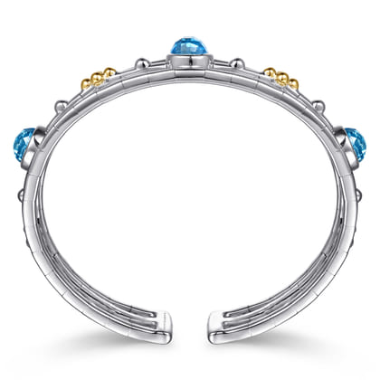 14K Yellow Gold and 925 Sterling Silver Bujukan Round Blue Topaz Cuff Bangle