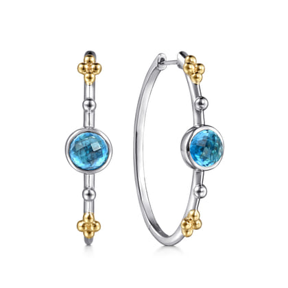 14K Yellow Gold and 925 Sterling Silver Bujukan Round Blue Topaz Elongated Oval Classic Hoop Earrings