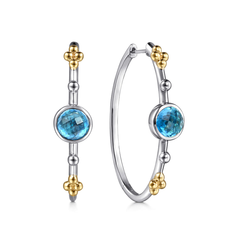 14K Yellow Gold and 925 Sterling Silver Bujukan Round Blue Topaz Elongated Oval Classic Hoop Earrings - Shot 1